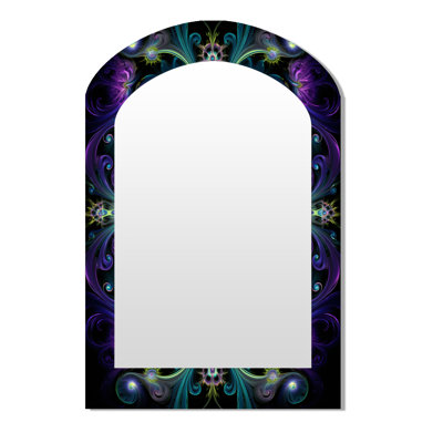Turquoise néon fleurs fractales I - miroir mural asymétrique Boho Mandala, miroir décoratif mauve arqué, impression d'art en métal