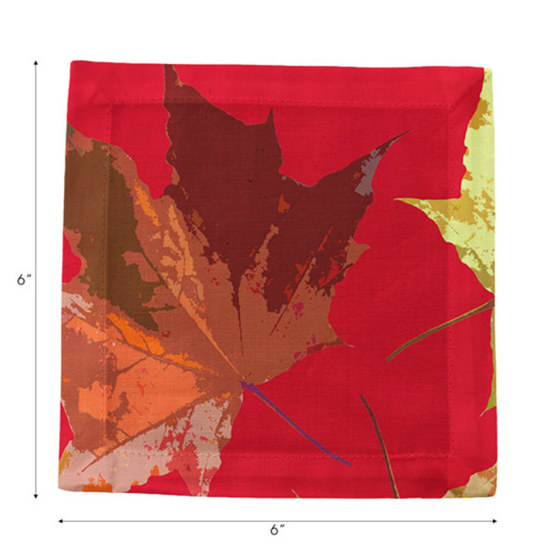 Serviettes de cocktail en satin de coton à feuilles d'automne, Rouge