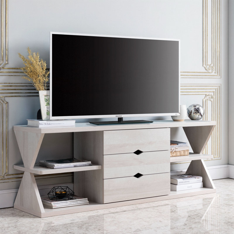 White Oak Media Center With Four Open Shelves And Three Drawer Storages Stylish Tv Stand In Shelf Positions Locations For Audio Visual Equipment