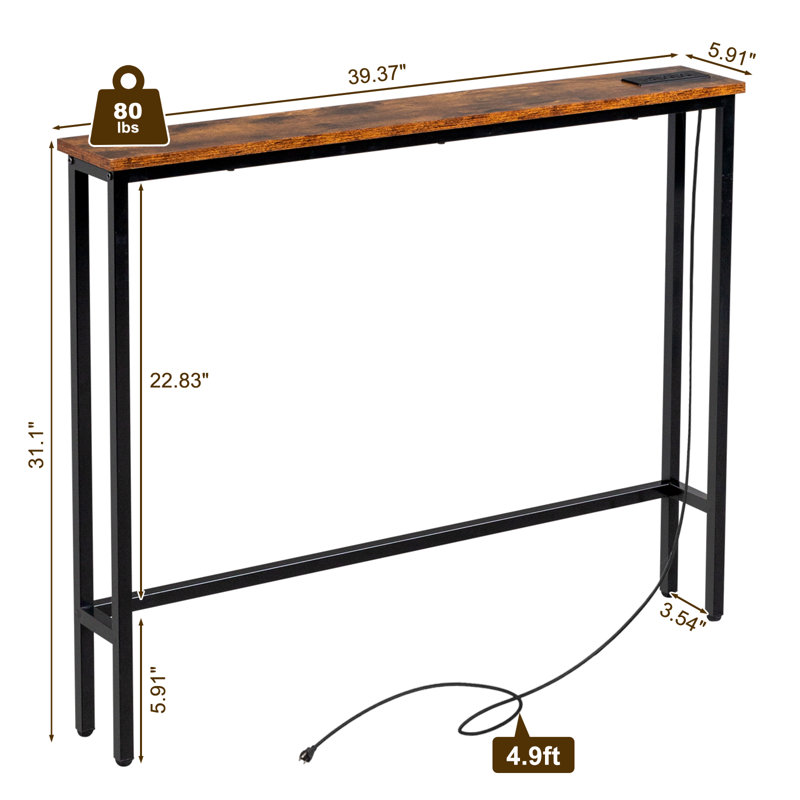 39.37''Narrow Console Sofa Table  With Outlets And USB Port Foyer Table, Brown