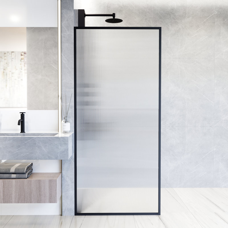 Meridian 34" W x 74" H Fixed Framed Shower Screen with 3/8" Glass, Matte Black Fluted