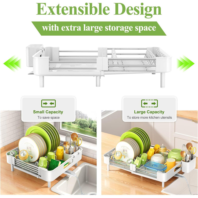 Expandable Stainless Steel Dish Drying Rack with Utensil Holder, White
