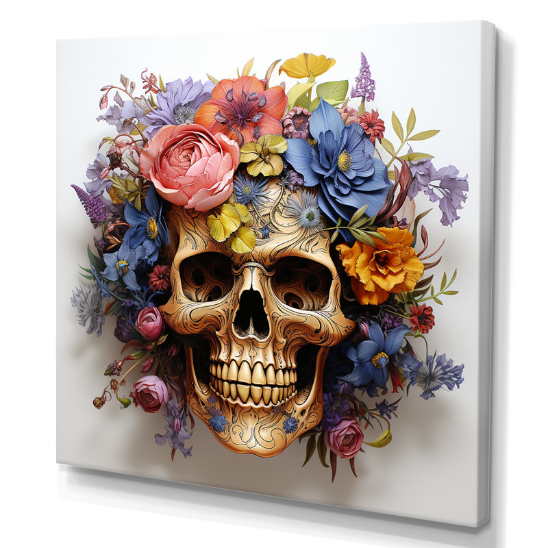 Motif floral crâne à la mode en or I - art mural mode crâne, Toile tendue, 16" H x 16" W
