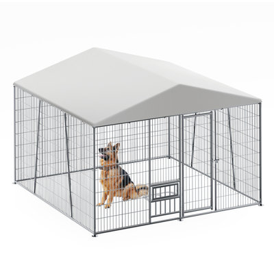 10 x 10-FT heavy-duty outdoor dog kennel with feeding bowl, full coverage waterproof roof, easy-to-assemble wire mesh fence with secure lock