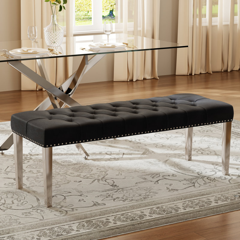 Banc de salle à manger rembourré 44,8 po Mid-Century, Noir, Argent