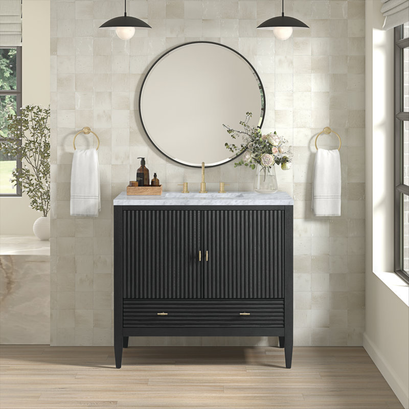 Myrrin 36'' W Single Vanity, Carbon Oak, Carrara White, 8" Widespread