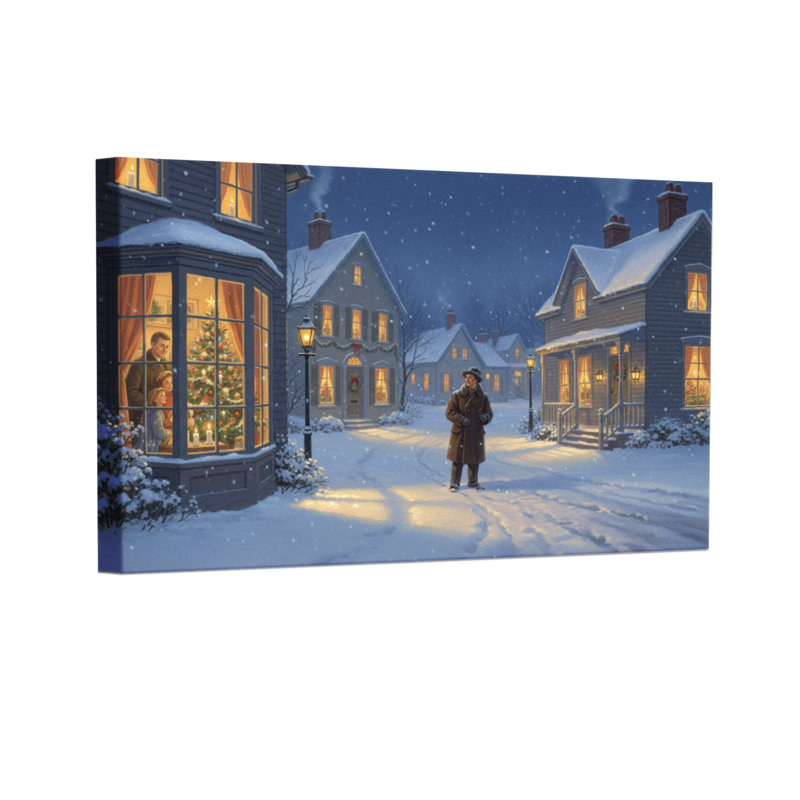 Scène de rue avec neige et lumières de Noël, H 12 po x l 18 po