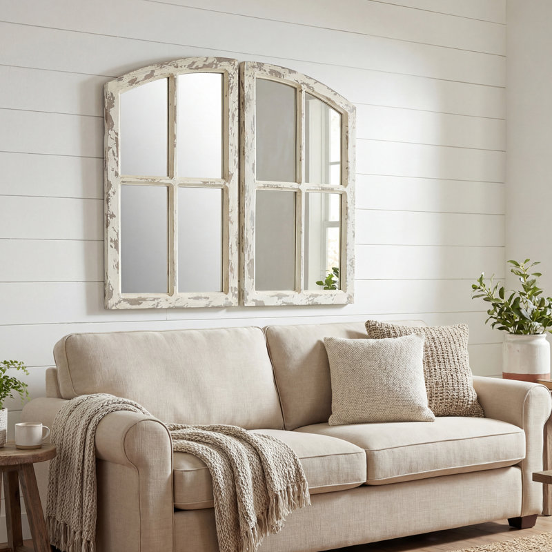 Farmhouse Arch Wood Window Pane Mirror(Set of 2), 27.25*30*1, White