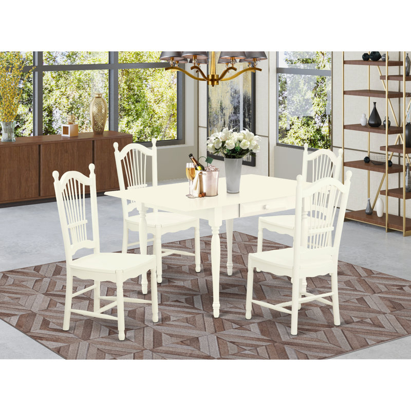 L'ensemble 5 pièces de table et chaises de cuisine comprend une table de salle à manger rectangulaire avec Dropleaf et 4 chaises, lin blanc