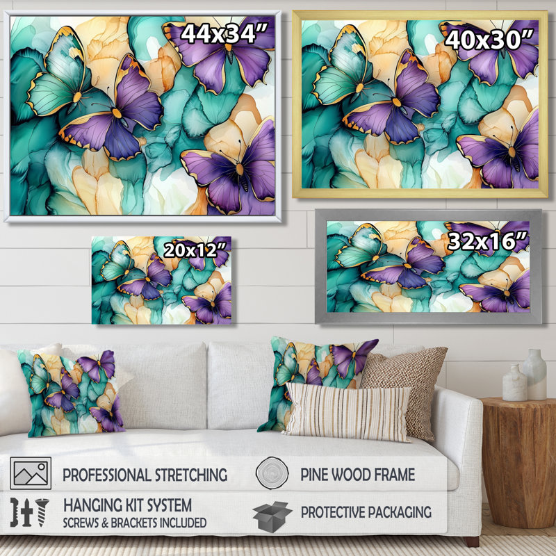 Émeraude et mauve papillon composition I - salon d'art mural papillon, H 16 po x l 32 po, Blanc