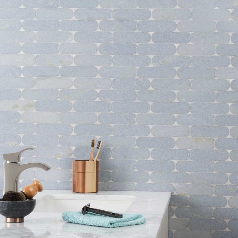 Norway 2x6 Polished Marble and Pearl Waterjet Mosaic Tile, Blue Celeste