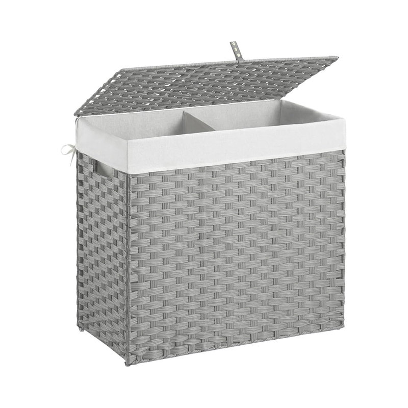 Panier à linge en osier avec couvercle, panier à linge en rotin 34 gallons (130 L) 2 sections avec couvercle, corde amovible lavable à la machine, grand panier à linge avec poignées pour salle de bain, gris
