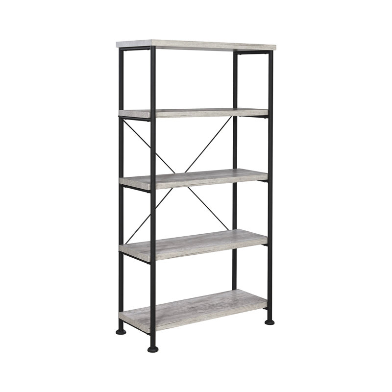 Bibliothèque à 4 tablettes avec cadre en métal noir et tablettes en bois flotté gris