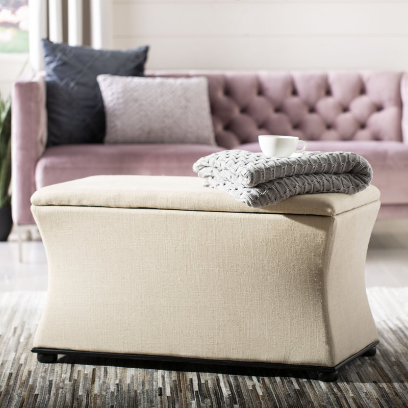 Beige Linen Transitional Storage Bench with Black Legs