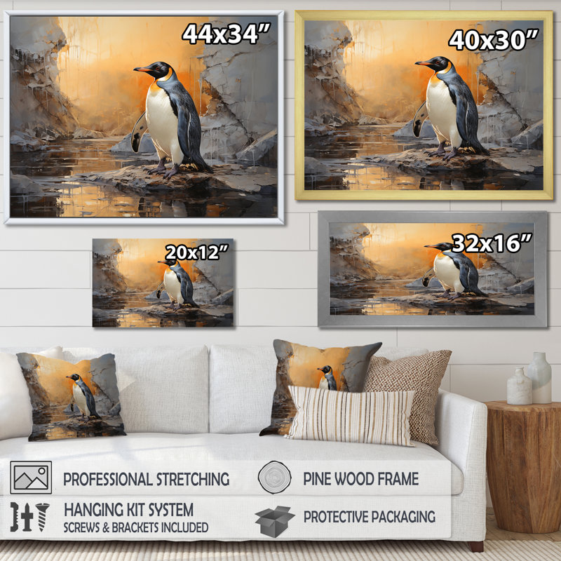 «Penguin Elegance In Snow», reproduction sur toile, Cadre photo argenté, H 34 po x l 44 po x P 1,5 po
