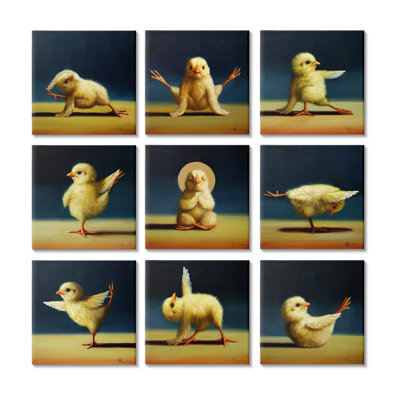 Yoga Chicks Funny Farm Animals Tranquil Stretching Birds 9pc Stretched Canvas Wall Art Set by Lucia Heffernan