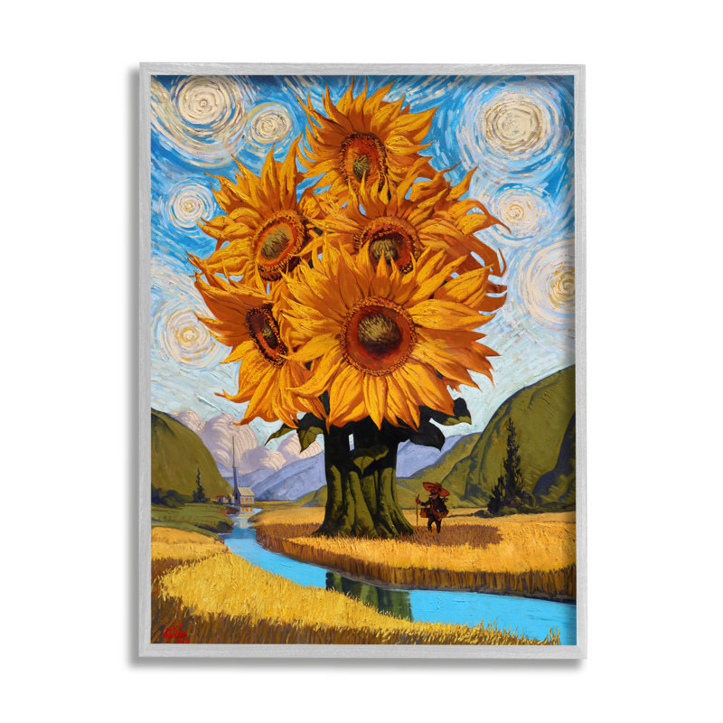 «Giant Sunflower Stalk Country Side Landscape», art de la giclée encadrée par Thomas Fluharty, H 30 po x l 24 po x P 1,5 po