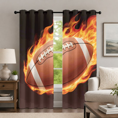 2Pcs Flaming Football Pattern Curtains, Sports Theme Printed Drapes, Energetic Style Window Treatment with Grommet for Bedroom Living Room Decor
