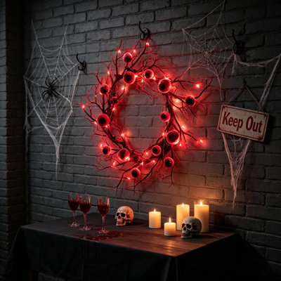 Halloween Black Branch Wreath with Lights – Handcrafted Horror Wreath with Glowing Eyeballs for Front Door, Indoor Outdoor Party Decor – Spooky Twig Wreath for Wall Window Garden Farmhouse 17 Inch