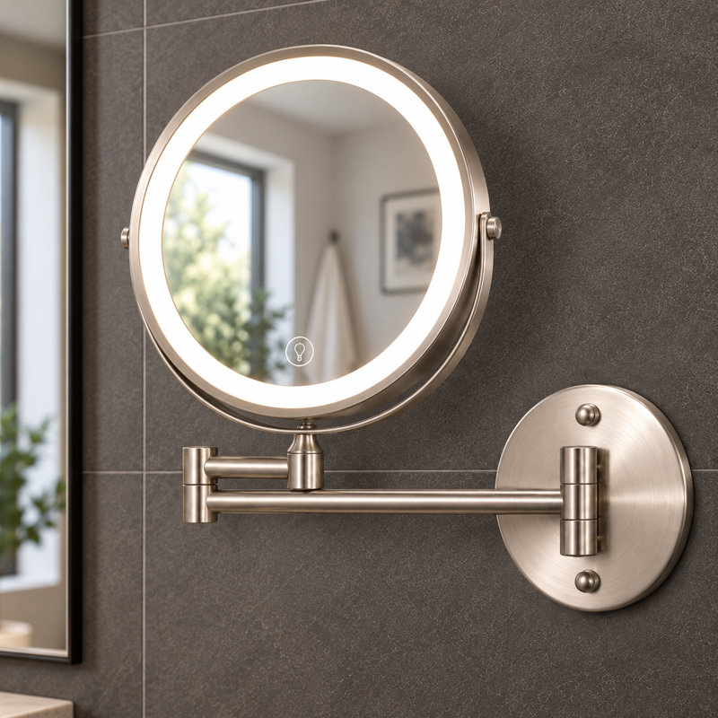 Miroir de maquillage mural rond en métal, Chrome