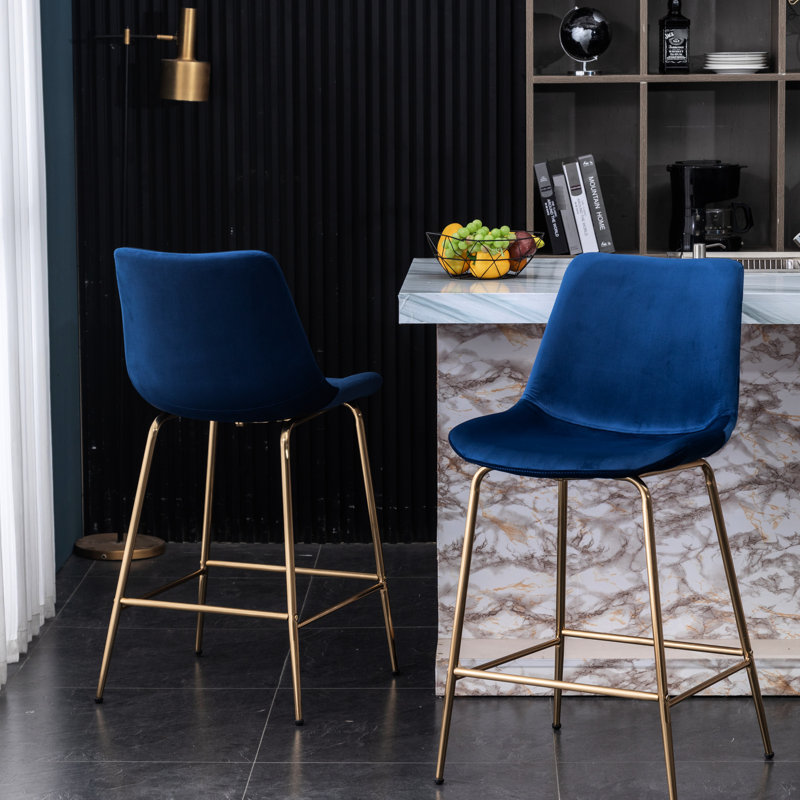 2 tabourets de comptoir en velours bleu 26,50 - et moderne (2), construction en métal avec repose-pieds, revêtement doux