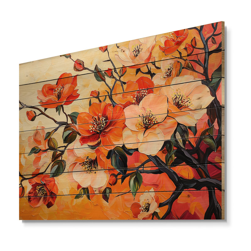 Coucher de soleil aux teintes de fleur de pommier - Art mural traditionnel en bois sur bois de pin naturel, H 10 po x l 20 po