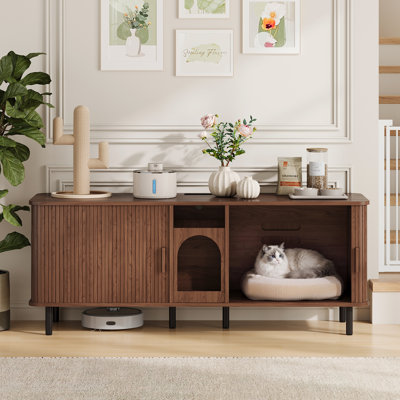 65'' W Cat Litter Box Enclosure with Outlets & Double Rooms