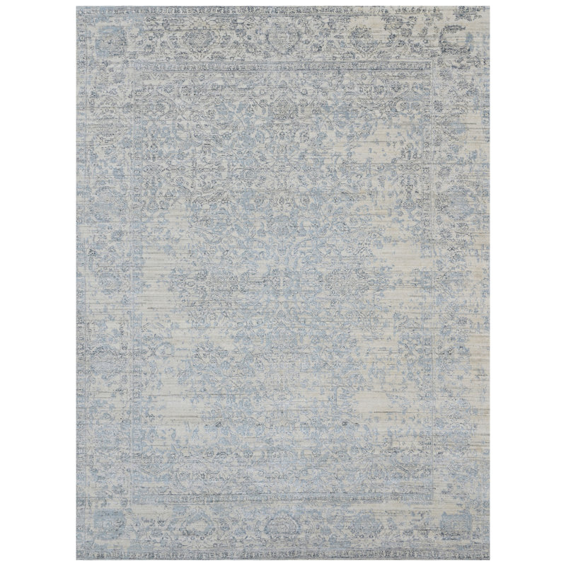 Hand Knotted Area Rug in Blue And White, Rectangle 6' x 9'