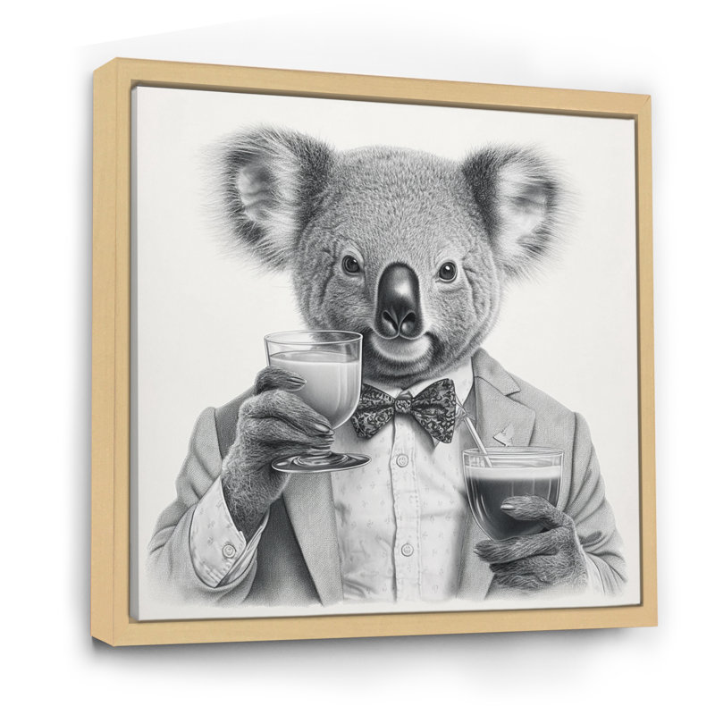 Koala ayant une boisson sur toile, H 24 po x l 24 po x P 1 po, Cadre naturel flottant
