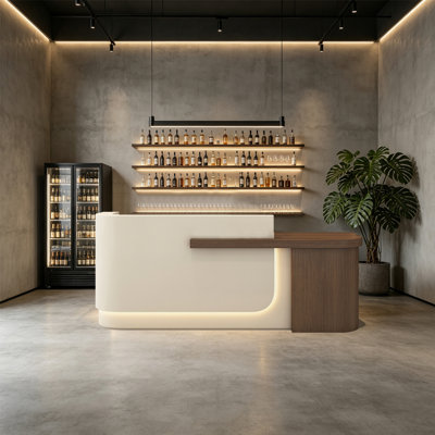 Comptoir Markowitz moderne avec porte-verres à vin, rangement pour bouteilles et tiroir verrouillable, meuble Markowitz indépendant au design intégré