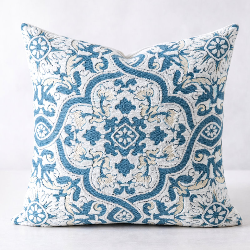 Housse de coussin décoratif en jacquard orné 18 po x 18 po, Bleu