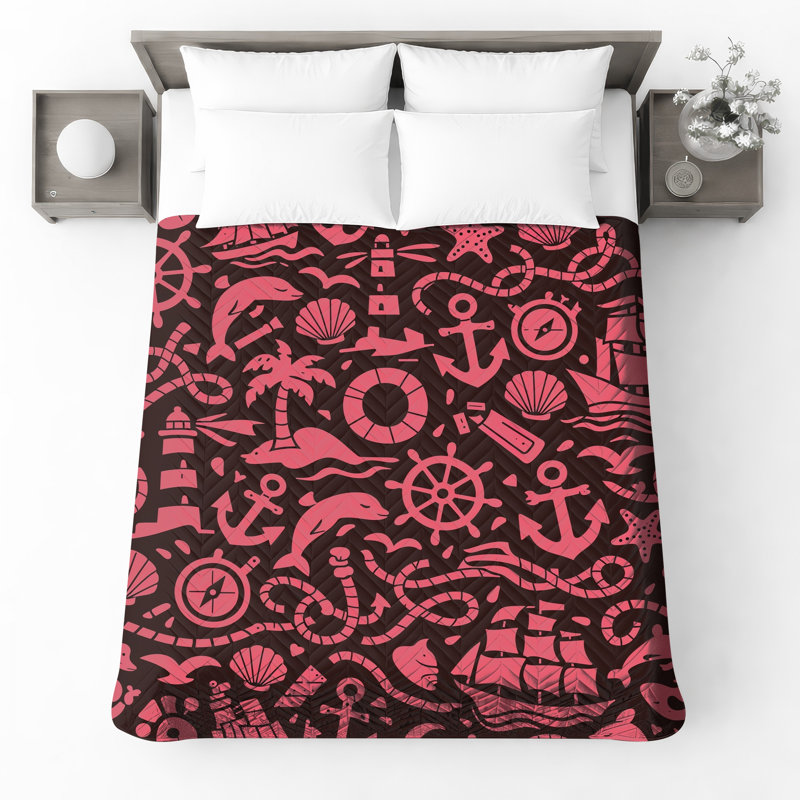 Nautical Elements Collage Quilted Thin Bedspread, King