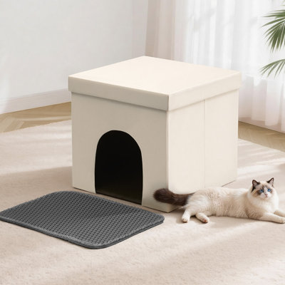 Foldable Litter Box Enclosure Furniture, Multi-Functional Hidden Litter Box Ottoman with Waterproof Inside, Space-Saving Storage Footrest, Dog Proof