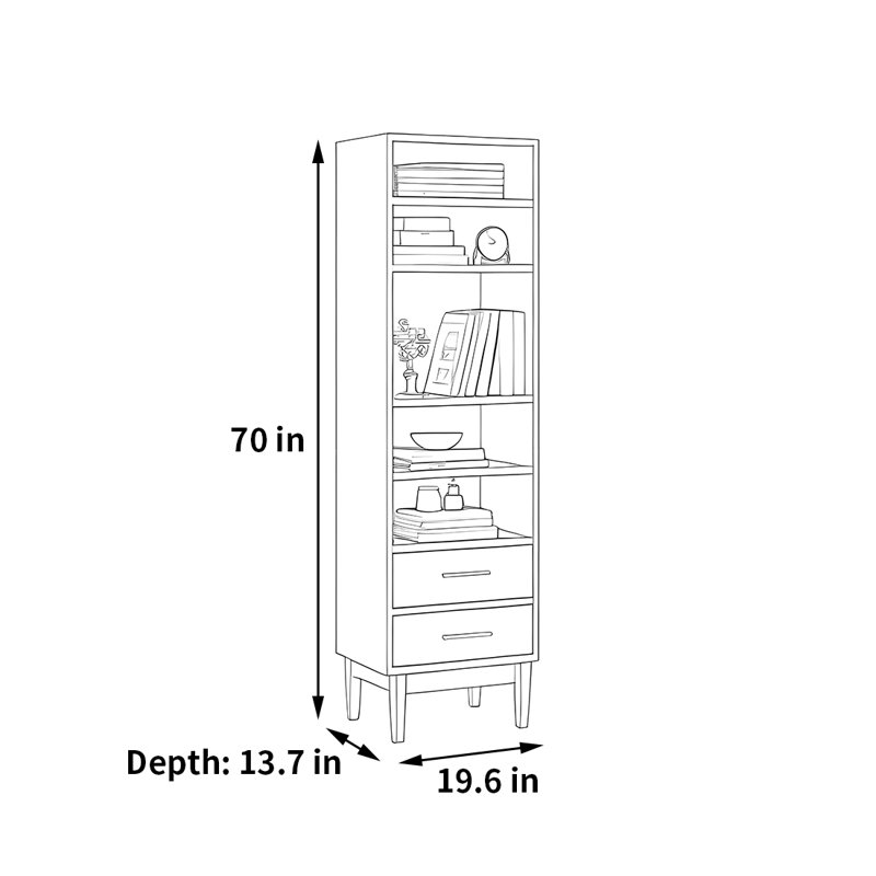 Bibliothèque moderne, simple et tendance, (5 tablettes) H 70 po x l 19,6 po x P 13,7 po, Burlywood