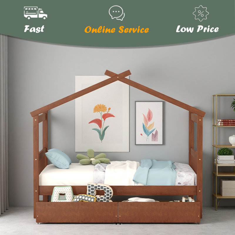 Lit en bois avec tiroirs, Noyer, Lit simple