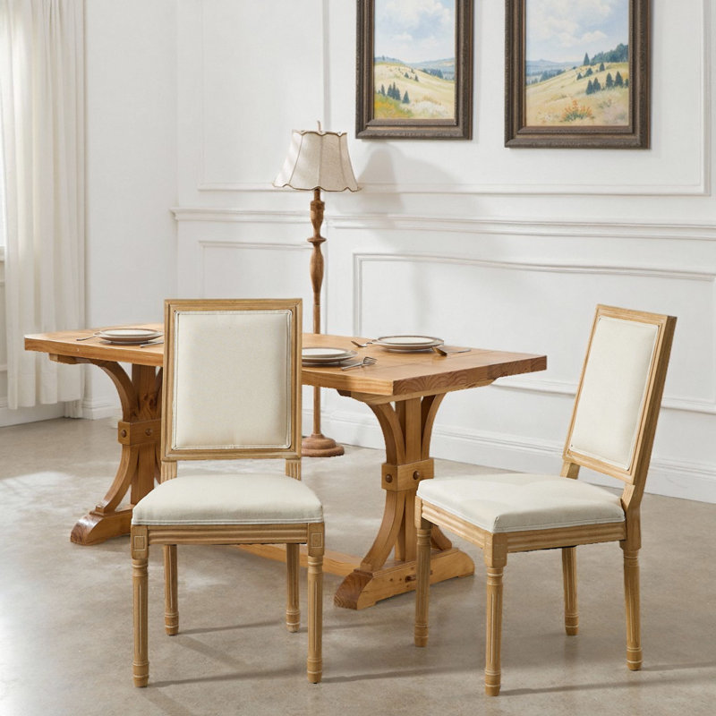 Chaises de salle à manger de style français Louis, chaise d'appoint à structure en bois d'hévéa massif avec dossier carré (ensemble de 2)