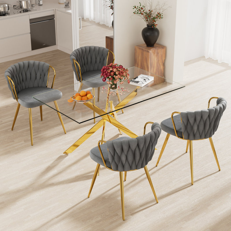 Elegant Rectangle Glass Dinning Table Set, 5 Pieces: Table, 4 Chairs, Gray, Gold