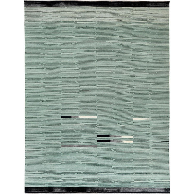 Tapis unique en laine noué à la main vert nouvel âge 10 pi 2 po x 14 pi Fenech