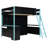 Full-Size Wood Loft Bed with Desk, Storage Shelves & 7-Color LED Light for Gaming & Study, Blue-1860291647