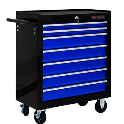 Chariot à outils 7 tiroirs - noir + bleu, verrouillable, capacité de 15 kg, tiroirs à roulement, robuste maniable, charge mobile