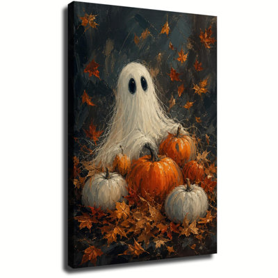 Vintage Canvas Wall Art, Cute Ghost With Pumpkins And Autumn Maple Leaves Dark Fall Oil Painting Print Halloween Home Wall Decor