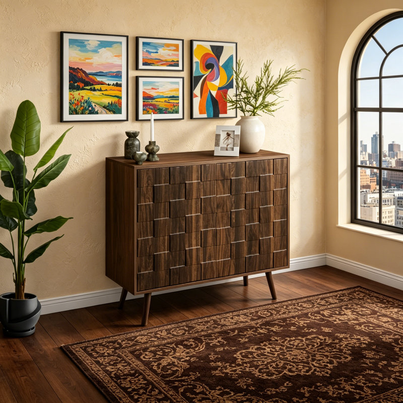 Commode Mid-Century avec armoire à 2 portes, tablette réglable, stratifié noyer foncé pour un rangement et un décor élégants