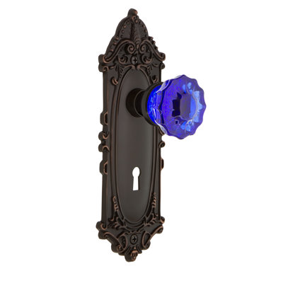 Plaque victorienne avec trou de serrure décoratif et bouton de porte en cristal cobalt