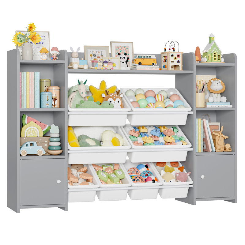 Lafon Manufactured Wood Toy Organizer with Bins, Gray/White
