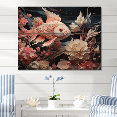 «Coral and Sharks Collage Symetry I - Coastal Coral Under Water Wood», art mural sur bois de pin naturel