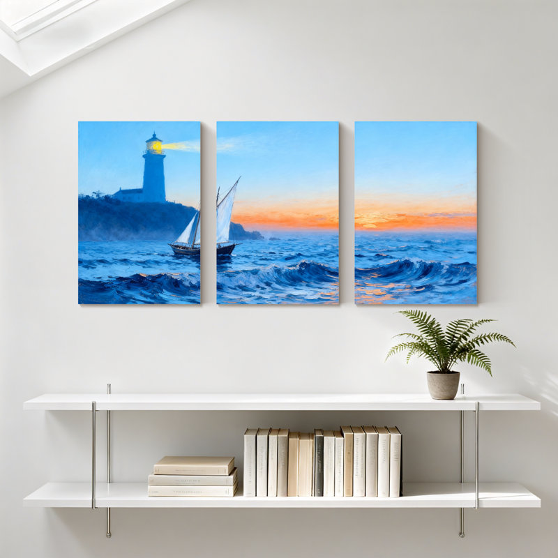 Nautique, voilier, océan, vagues, coucher de soleil, ensemble de 3 toiles, H 30 po x l 60 po