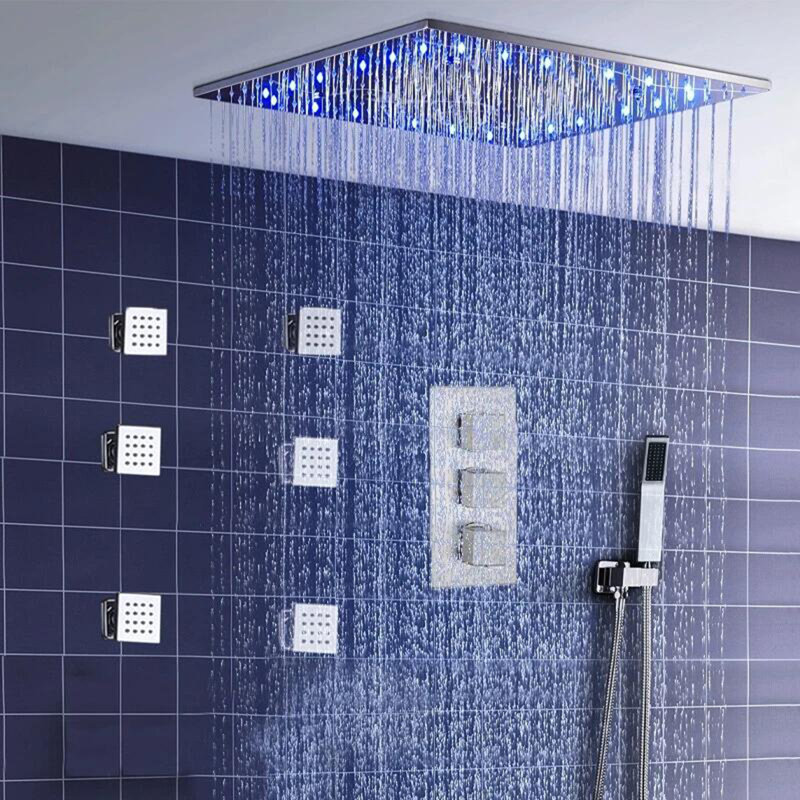 Ensemble de robinetterie thermostatique en nickel brossé avec pommeau de douche effet pluie DEL de 30 cm (12 pouces) et système de massage.
