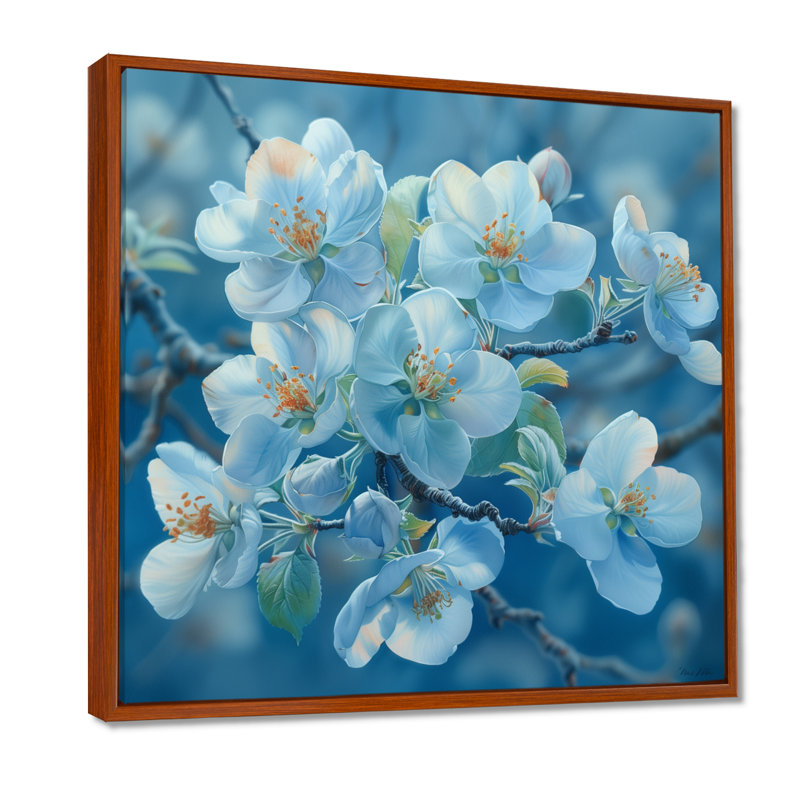 «Blue Apple Blossom Spring Breeze II», art mural fleur de pommier, H 16 po x l 16 po, Cadre flottant brun