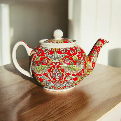 William Morris Strawberry Thief Teapot in Red Small Chintz Birds Tapestry Lark Manor Bannon 0.7ml Floral