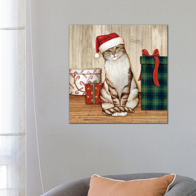 Christmas Kitty On Planked Wood by David Carter Brown - Wrapped Canvas Painting